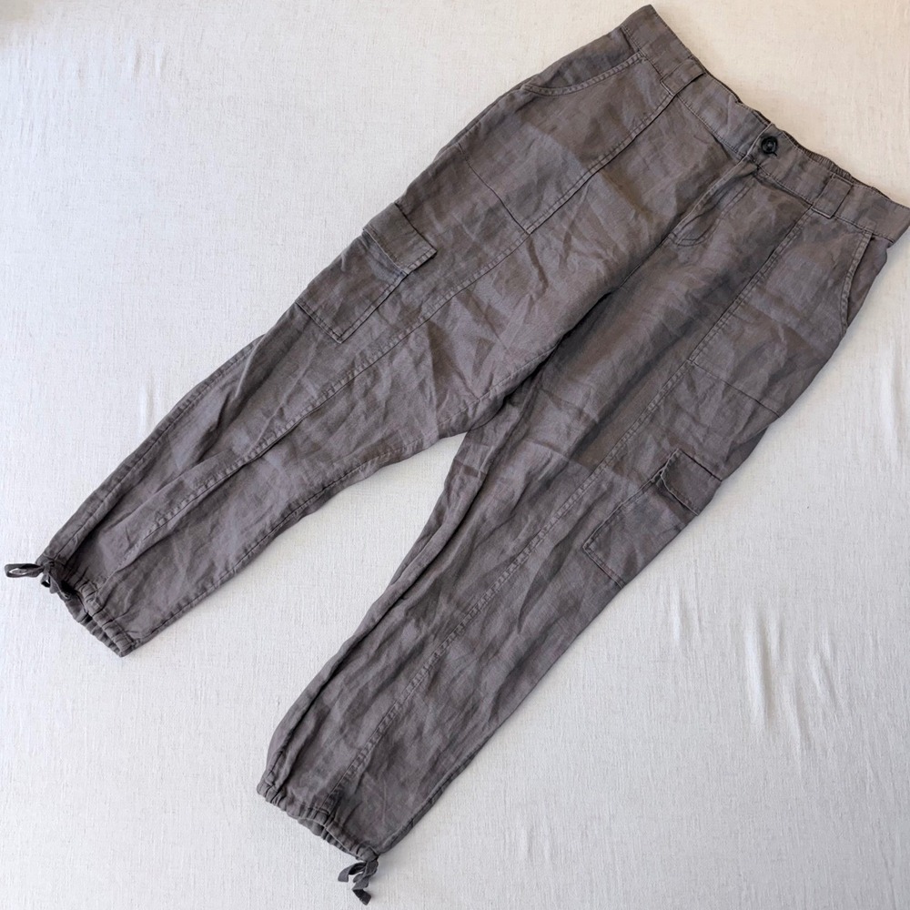 C&C California Women Brown 100% Linen Cargo Pants Size Large Adjustable Hem